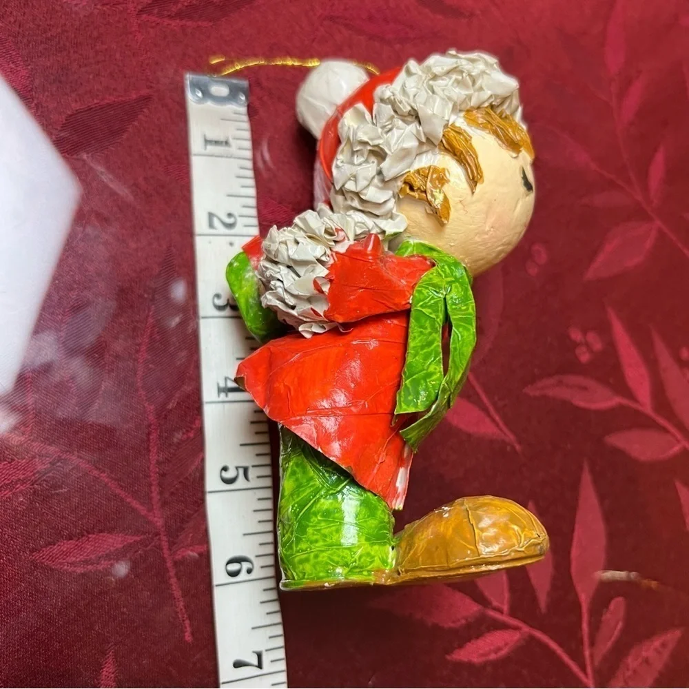Paper Mache Christmas Caroler W/ Gift Behind Back Red Green 6” Tall Stands Up